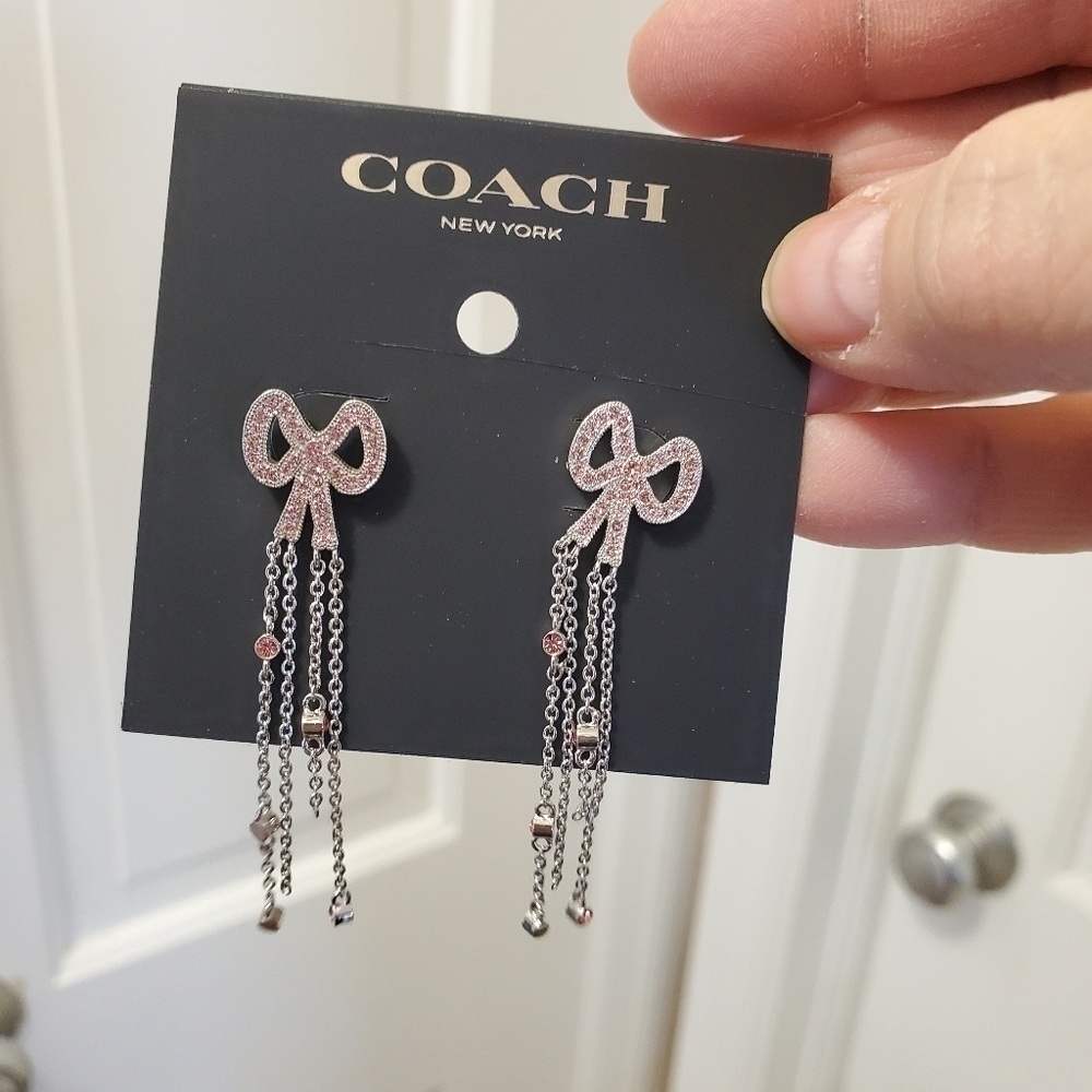 NWT Coach Pave Bow Swarovski Crystal Fringe Bow Earrings - Picture 2 of 9
